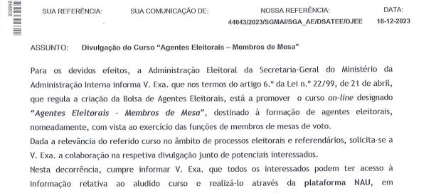 Ofício - Curso Online "Agentes Eleitorais - Membros de Mesa" - Junta de Freguesia de Penacova